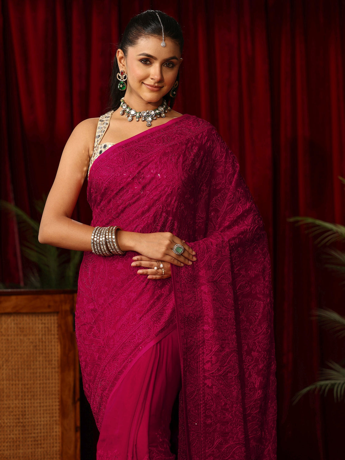 Mameraa Art Rose Pink Embroidered Tissue Saree with Stone Work