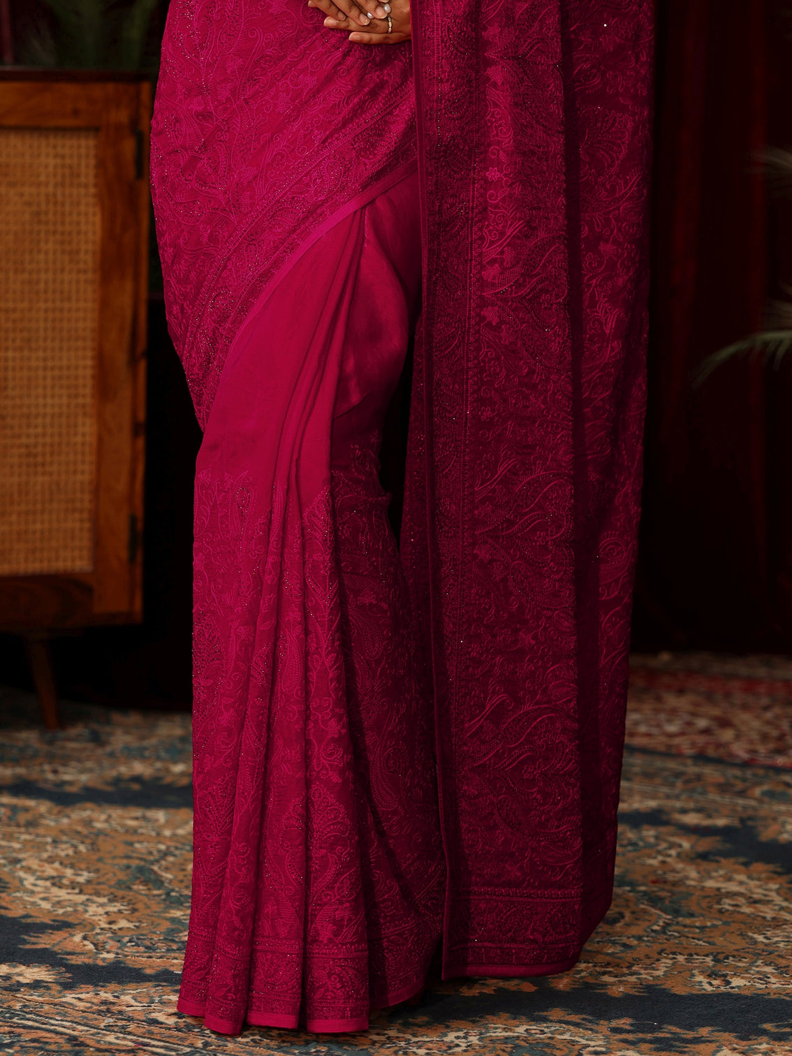 Mameraa Art Rose Pink Embroidered Tissue Saree with Stone Work