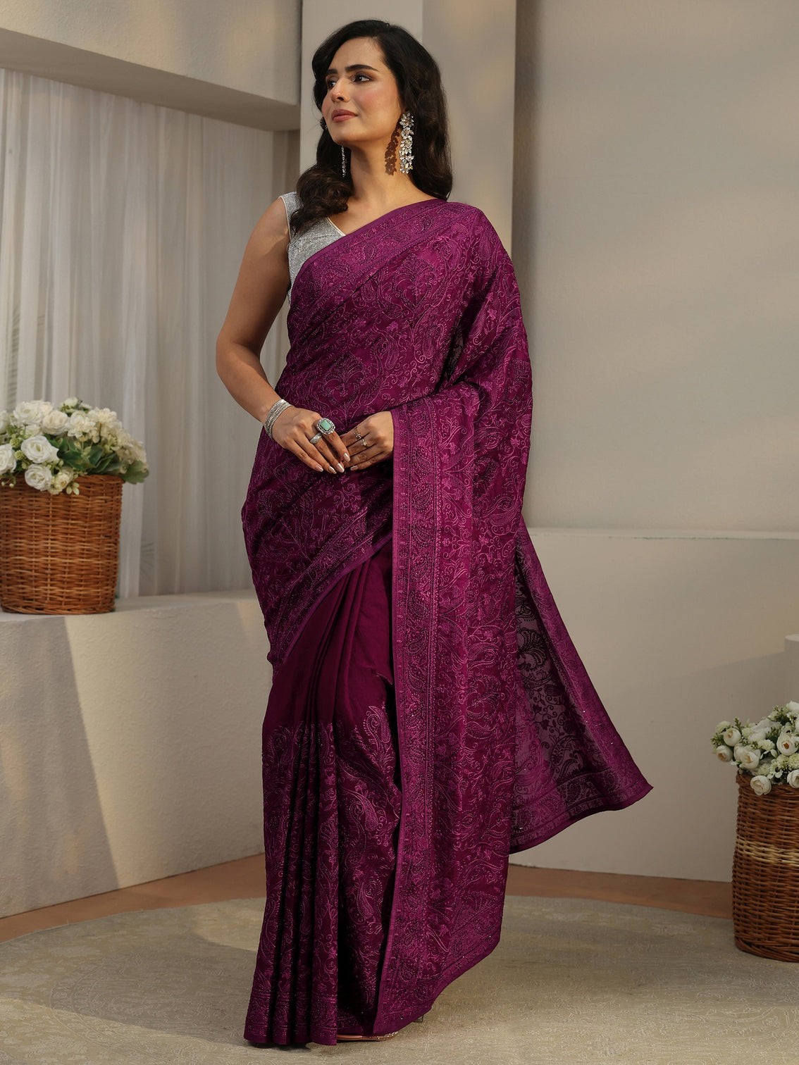 Mameraa Art Burgundy Embroidered Tissue Saree