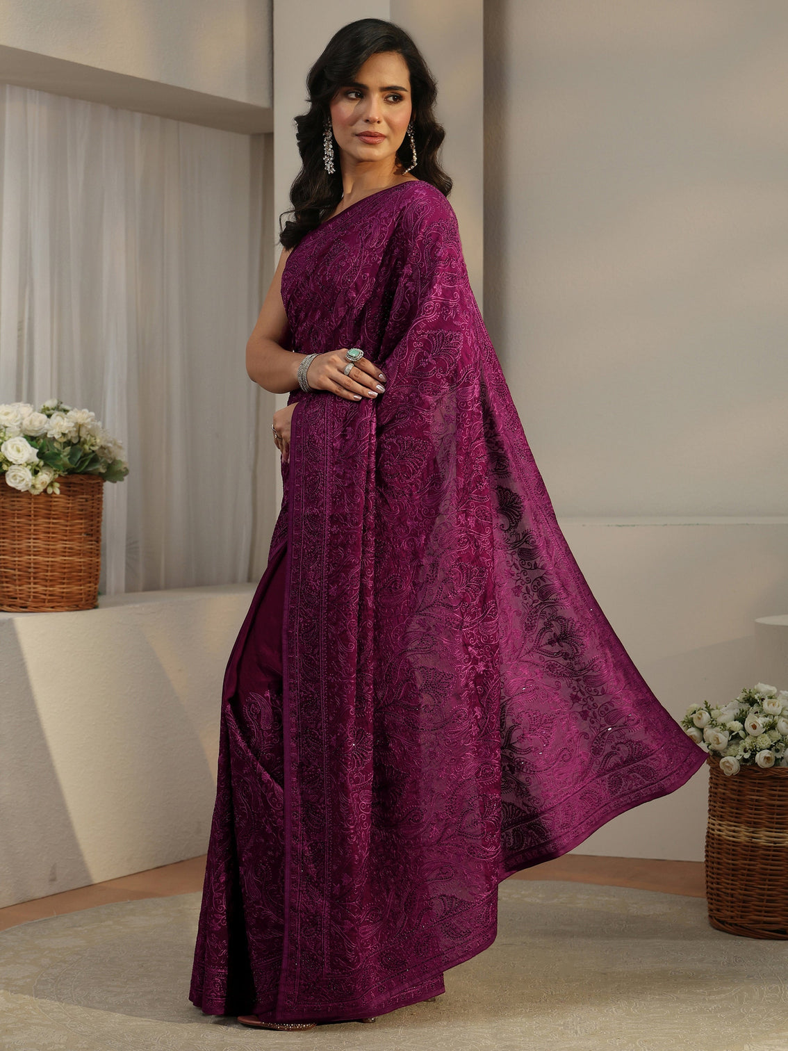 Mameraa Art Burgundy Embroidered Tissue Saree