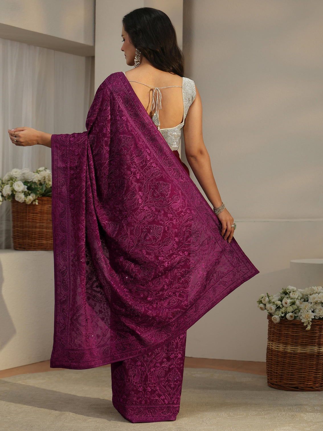 Mameraa Art Burgundy Embroidered Tissue Saree