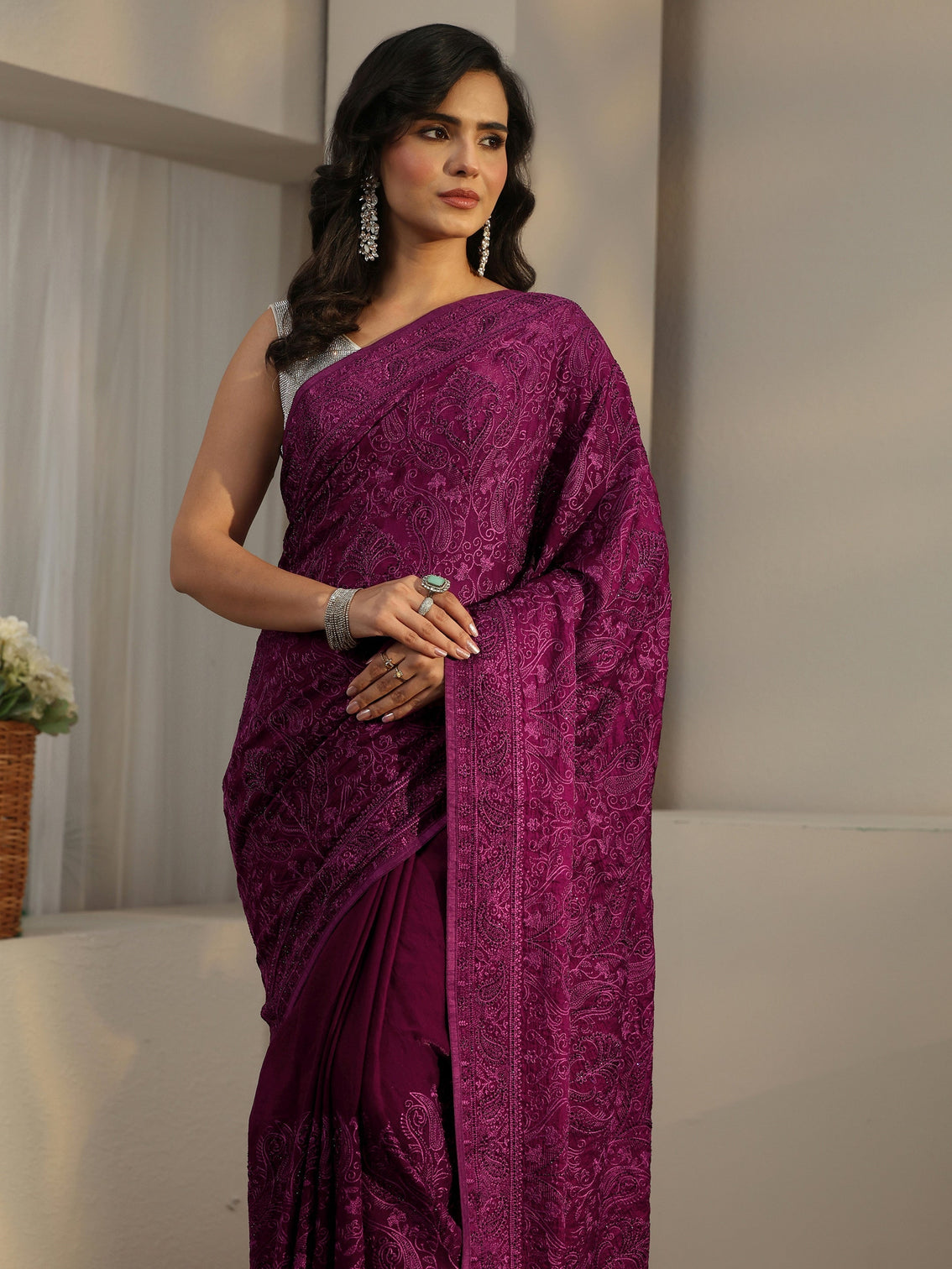 Mameraa Art Burgundy Embroidered Tissue Saree