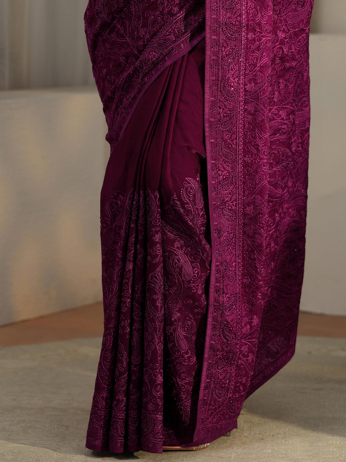 Mameraa Art Burgundy Embroidered Tissue Saree