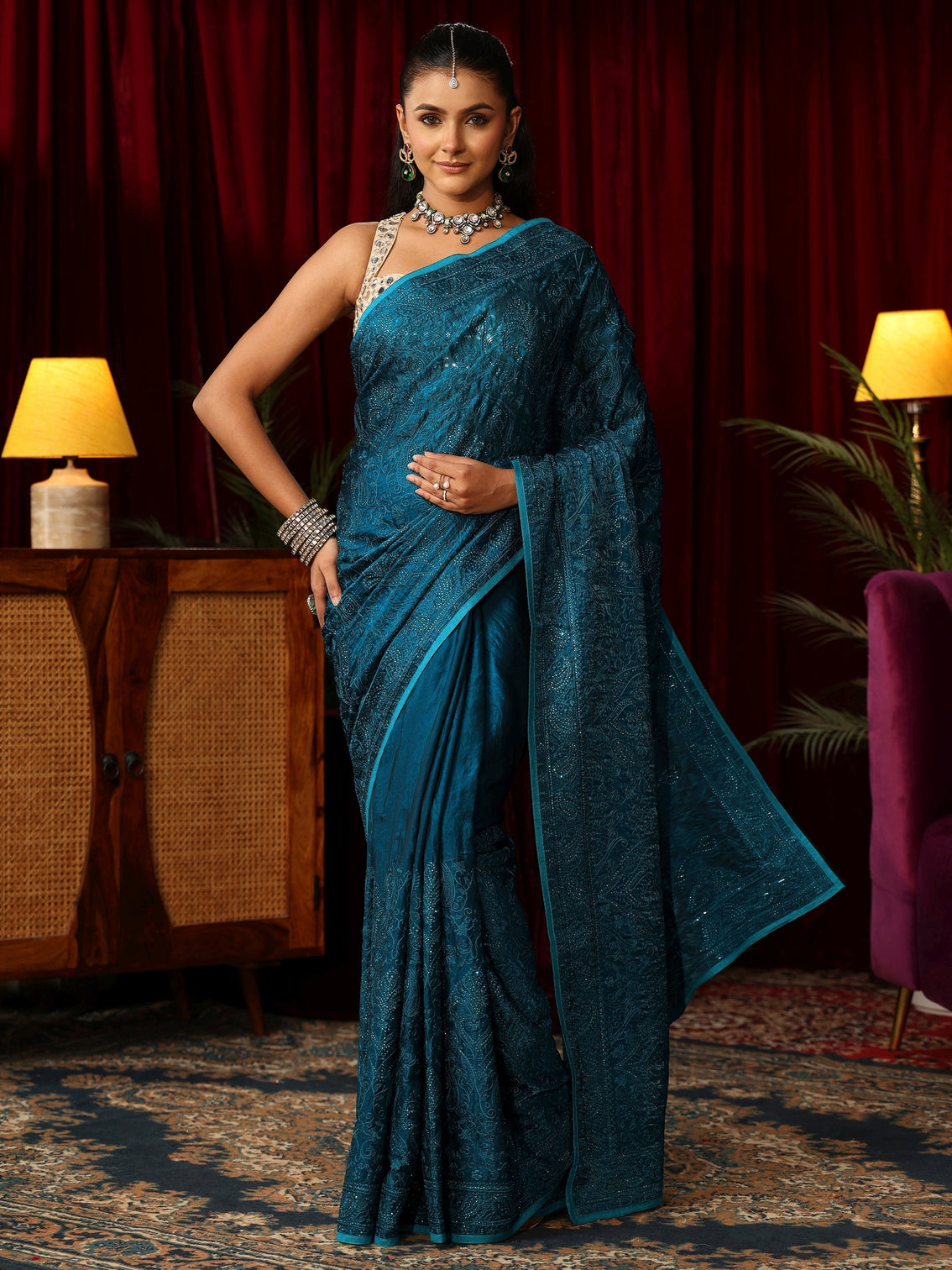 Mameraa Art Peacock Blue Embroidered Tissue Saree with Stone Work
