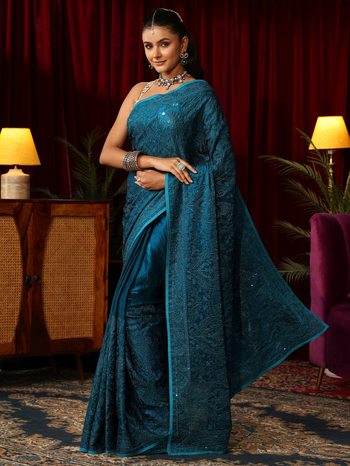 Mameraa Art Peacock Blue Embroidered Tissue Saree with Stone Work