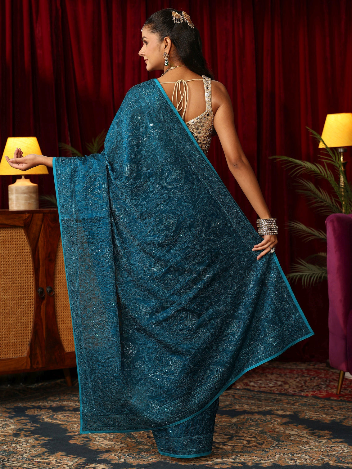 Mameraa Art Peacock Blue Embroidered Tissue Saree with Stone Work