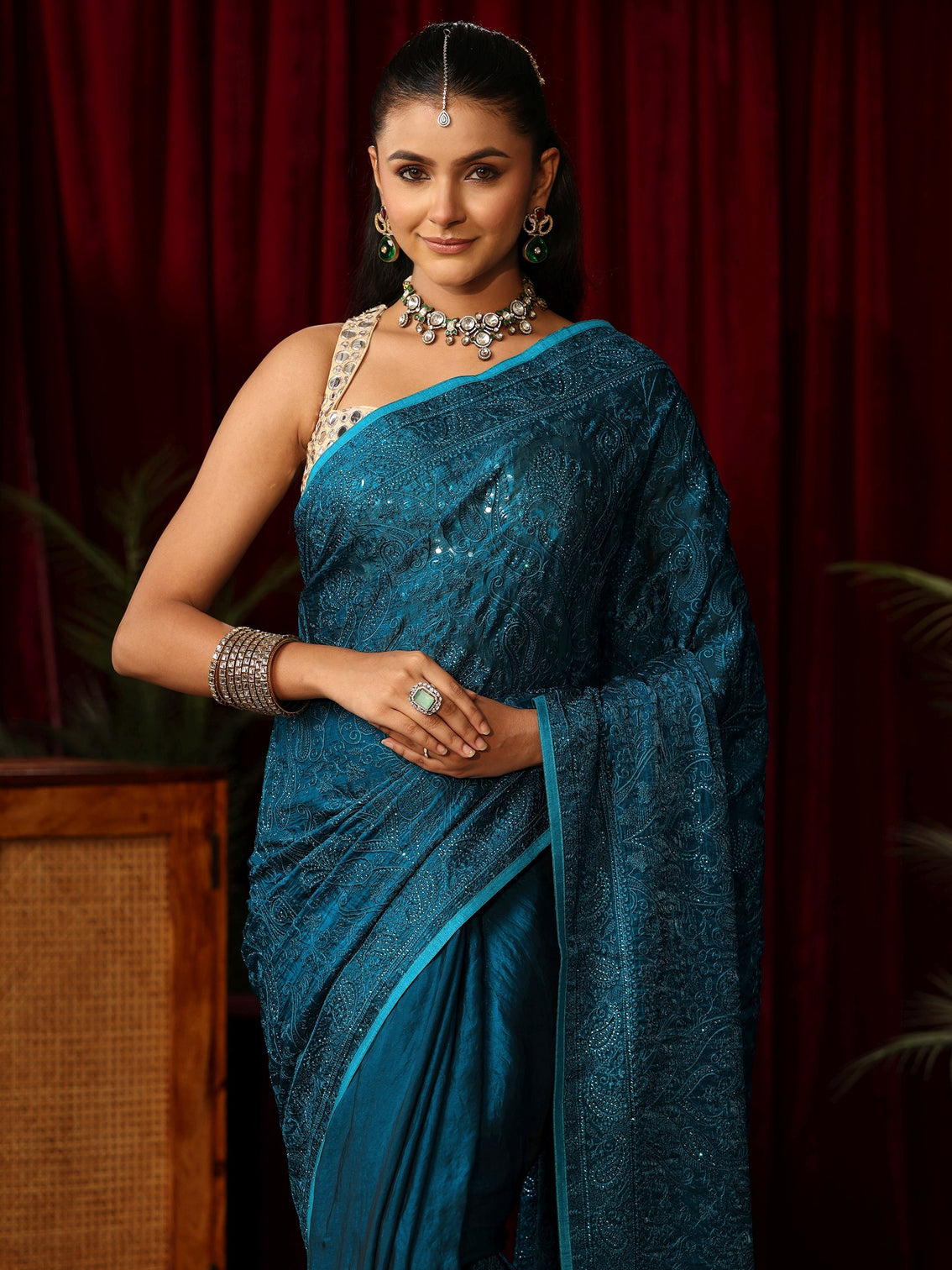 Mameraa Art Peacock Blue Embroidered Tissue Saree with Stone Work
