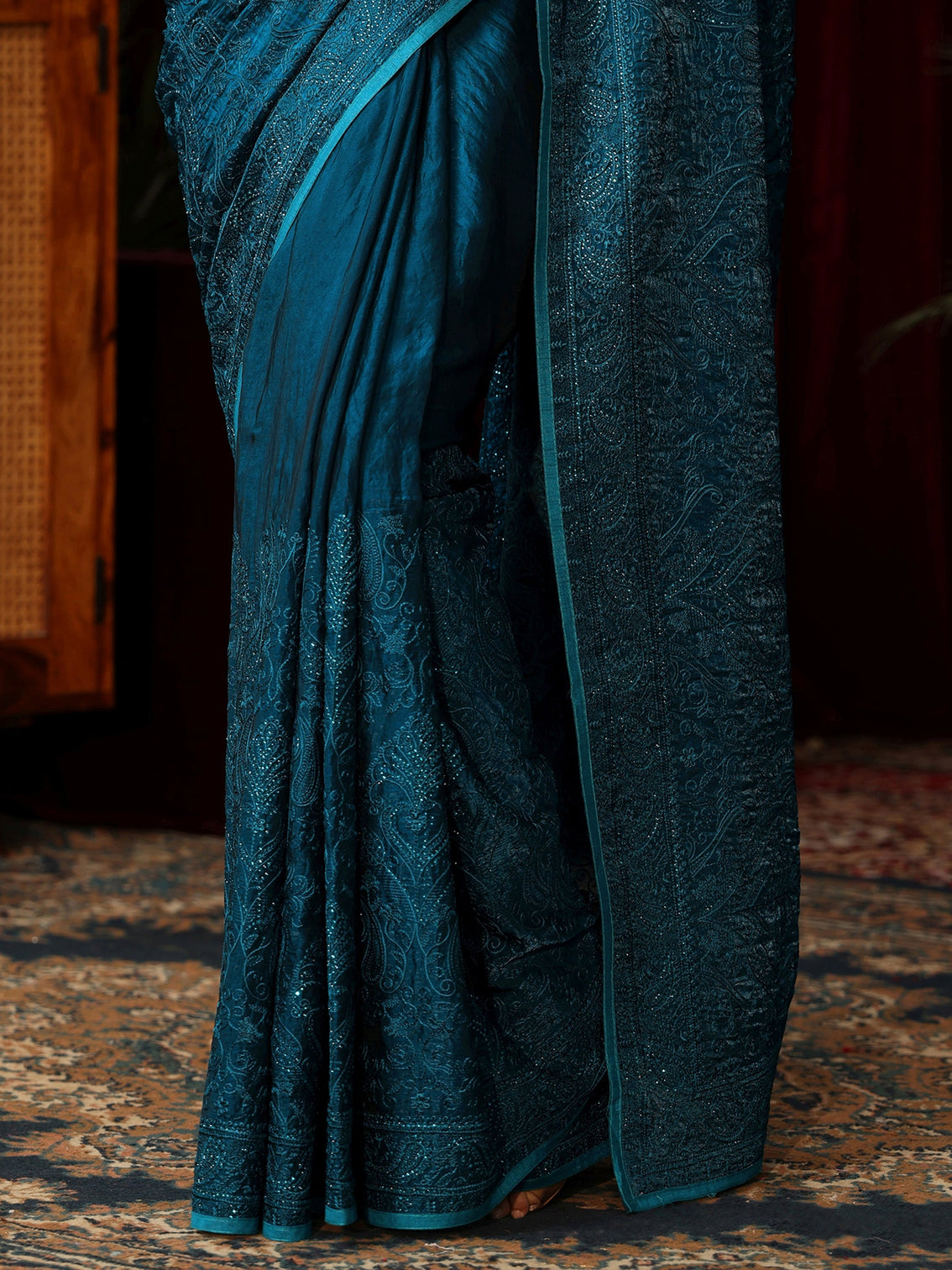 Mameraa Art Peacock Blue Embroidered Tissue Saree with Stone Work