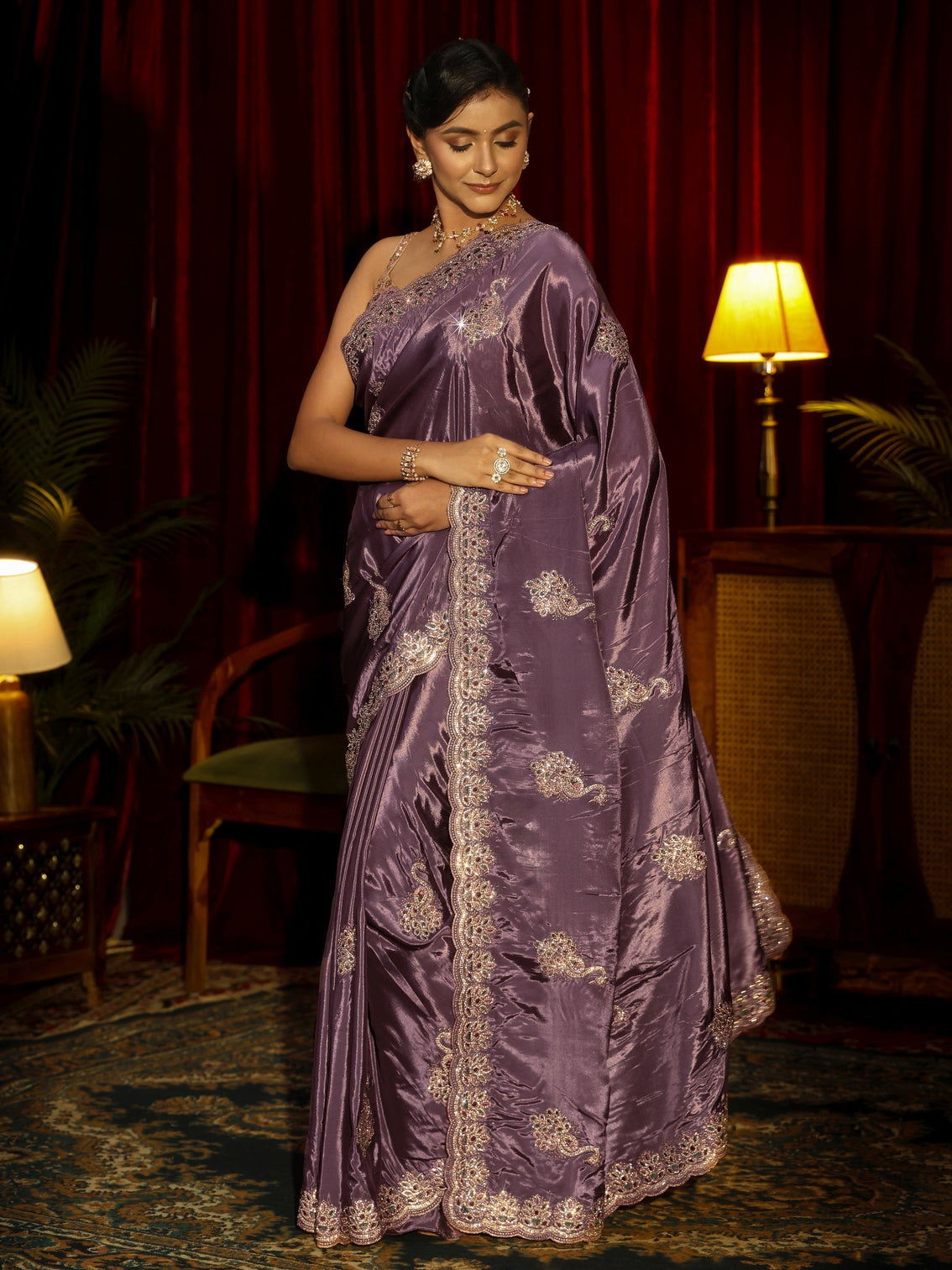 Mameraa Pansy Purple Stone Work Embellished Silk Blend Saree