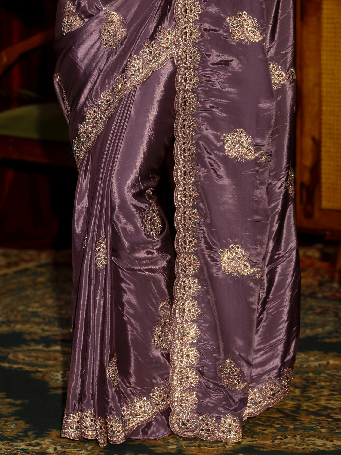 Mameraa Pansy Purple Stone Work Embellished Silk Blend Saree
