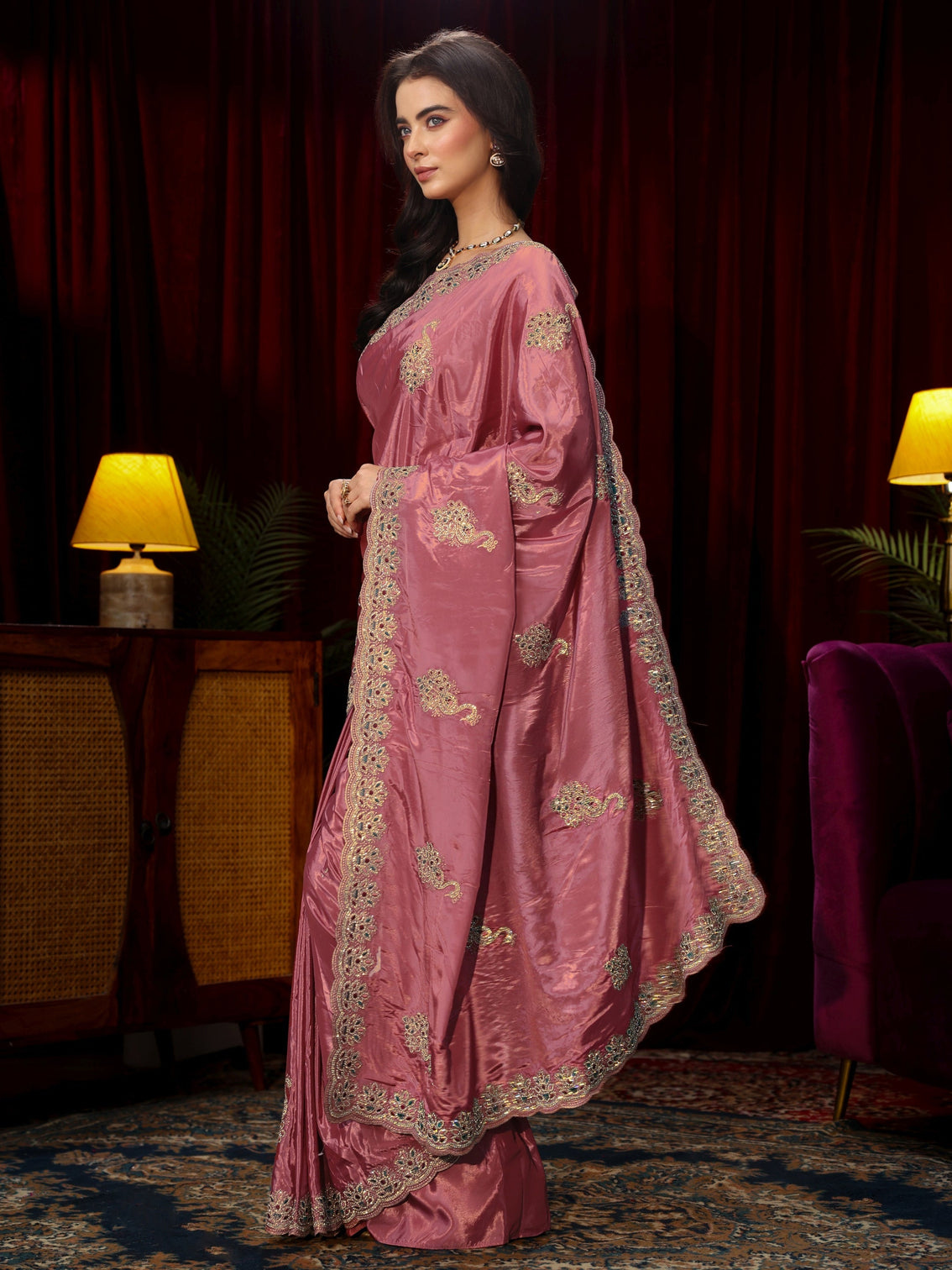 Mameraa Mauve Stone Work Embellished Silk Blend Saree