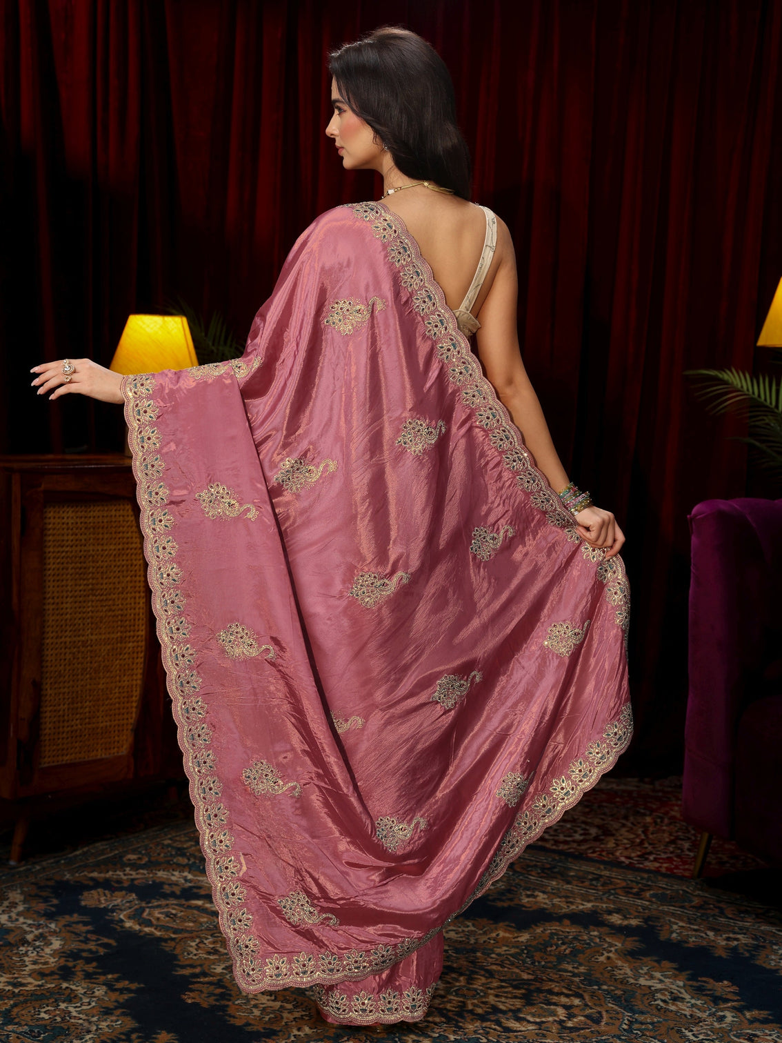 Mameraa Mauve Stone Work Embellished Silk Blend Saree