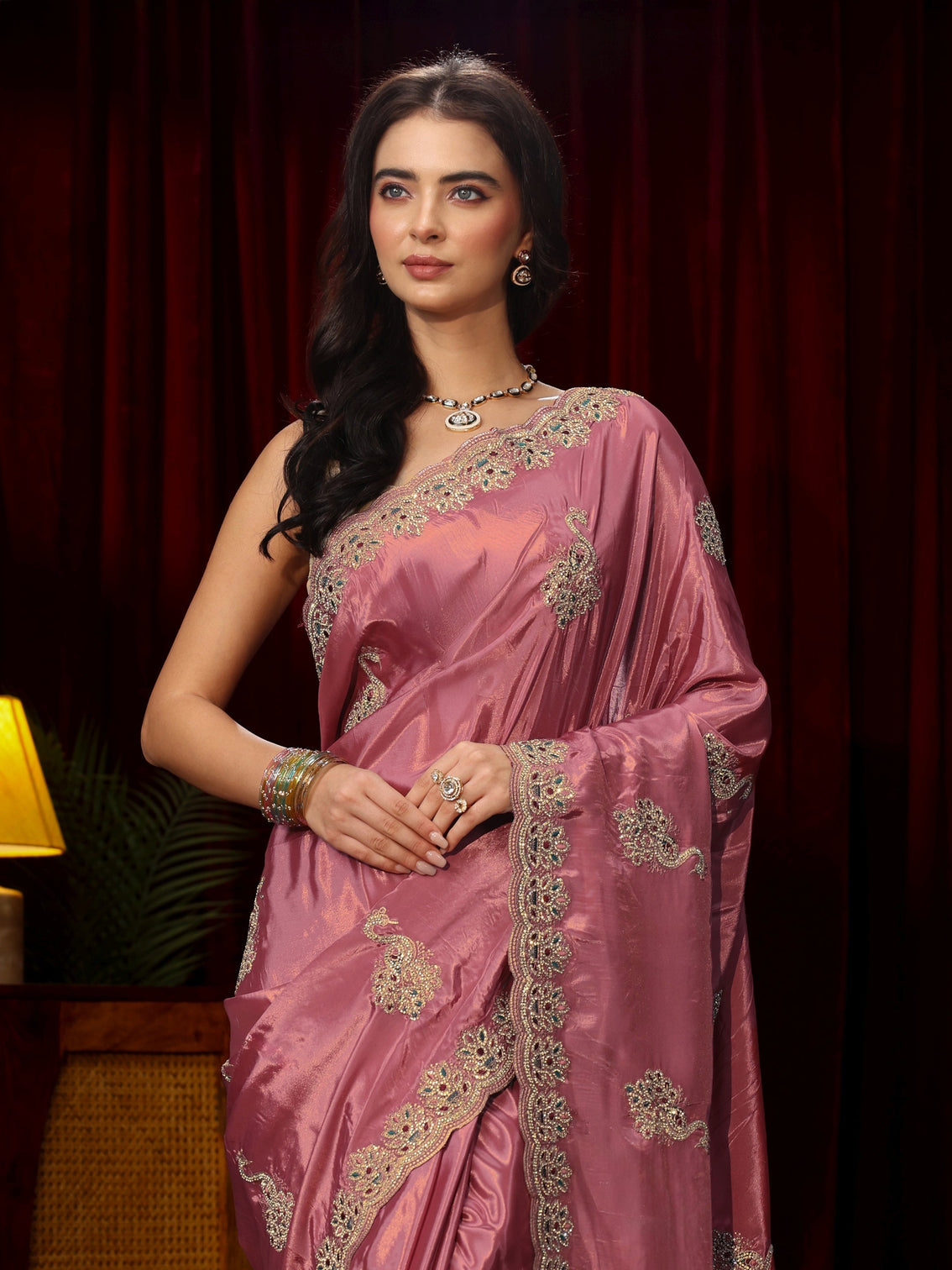 Mameraa Mauve Stone Work Embellished Silk Blend Saree