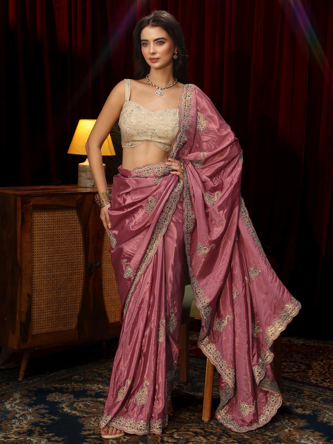 Mameraa Mauve Stone Work Embellished Silk Blend Saree