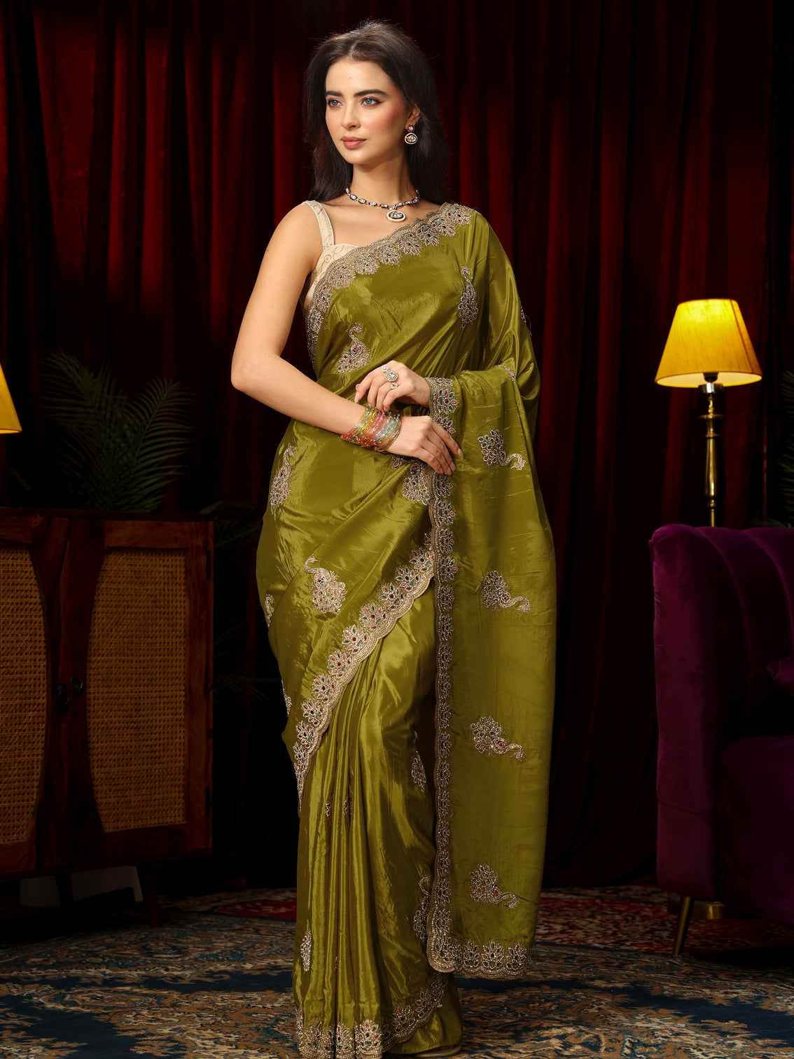 Mameraa Moss Green Stone Work Embellished Silk Blend Saree