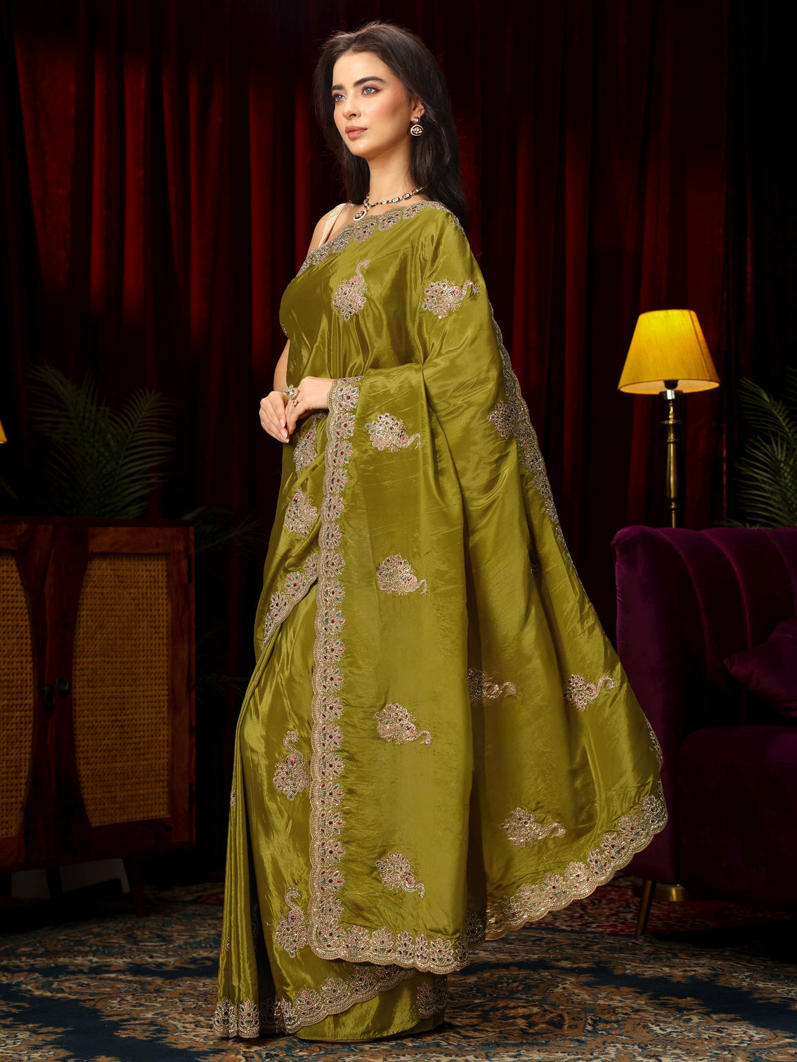 Mameraa Moss Green Stone Work Embellished Silk Blend Saree