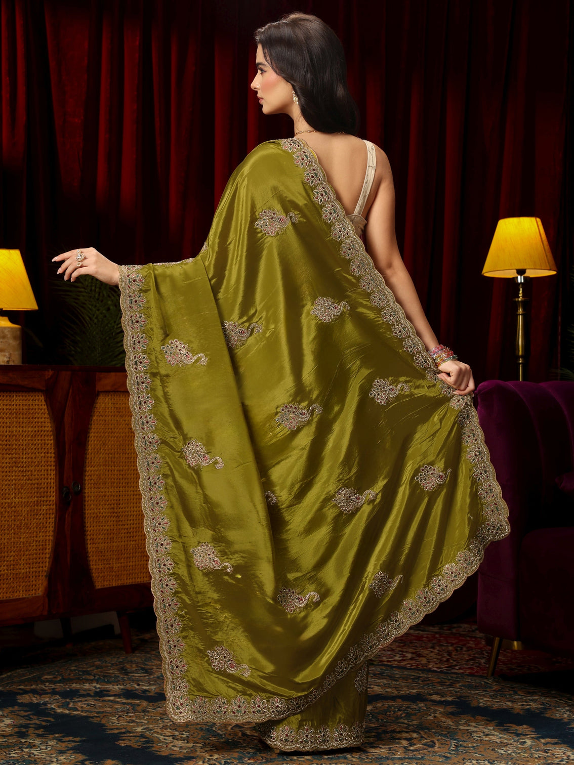 Mameraa Moss Green Stone Work Embellished Silk Blend Saree