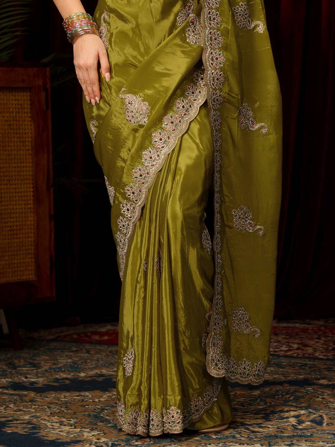 Mameraa Moss Green Stone Work Embellished Silk Blend Saree