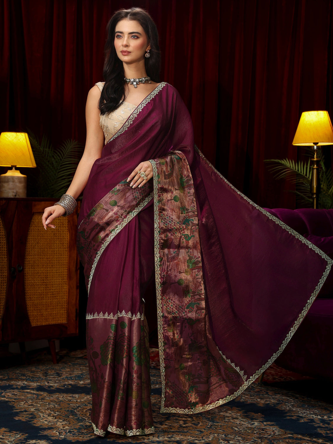 Mameraa Rani Pink Stone Work Embellished Tissue Saree