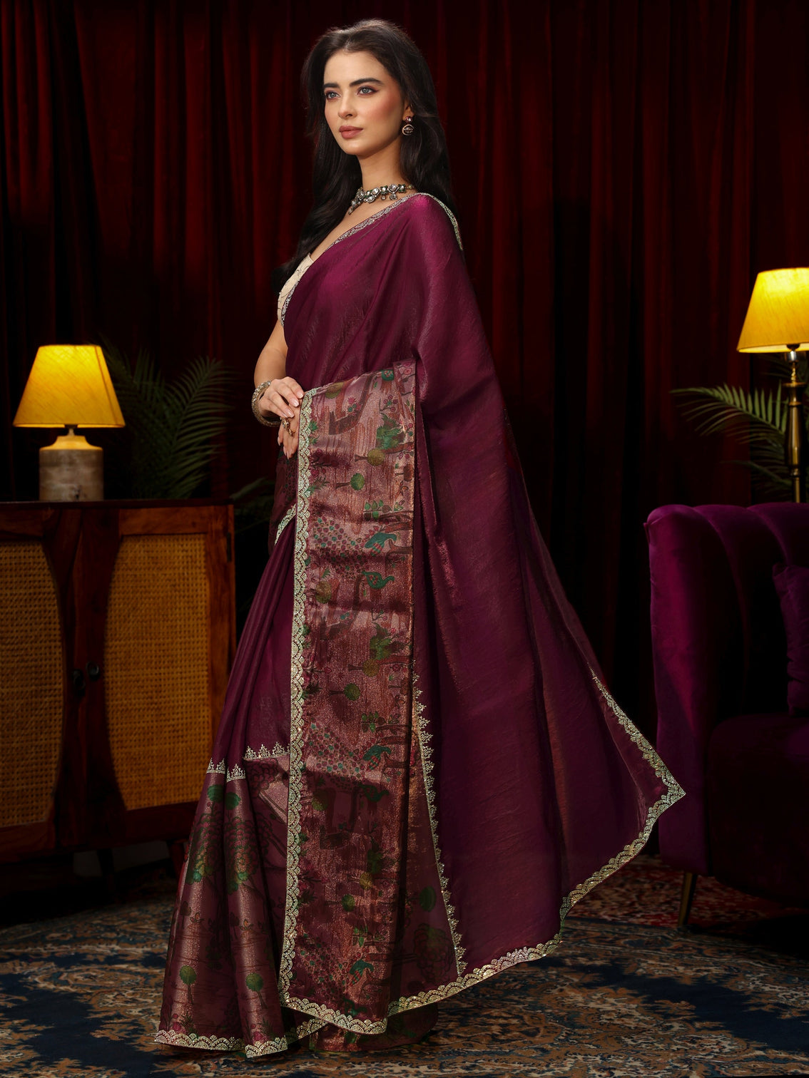 Mameraa Rani Pink Stone Work Embellished Tissue Saree
