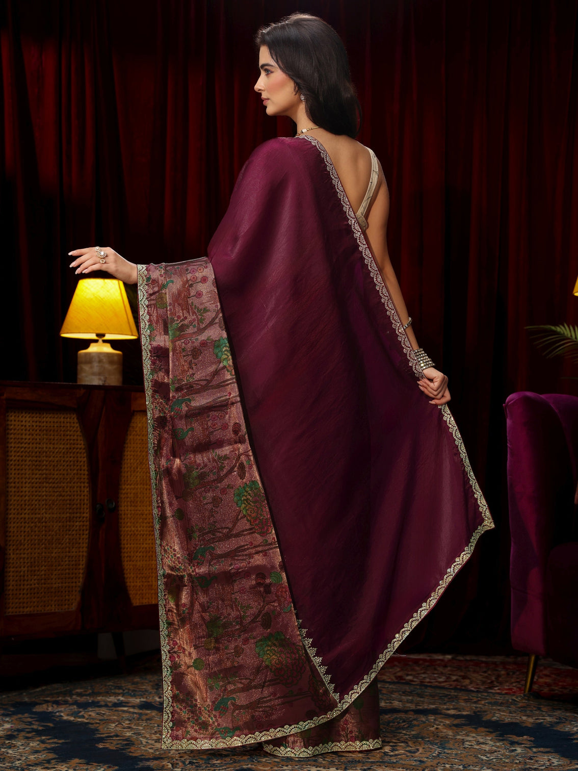 Mameraa Rani Pink Stone Work Embellished Tissue Saree