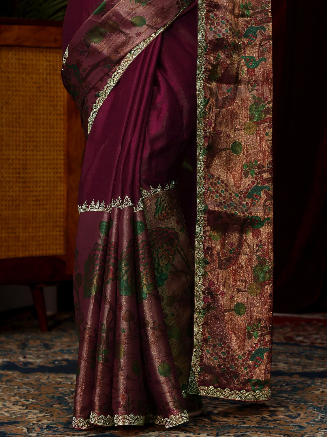 Mameraa Rani Pink Stone Work Embellished Tissue Saree