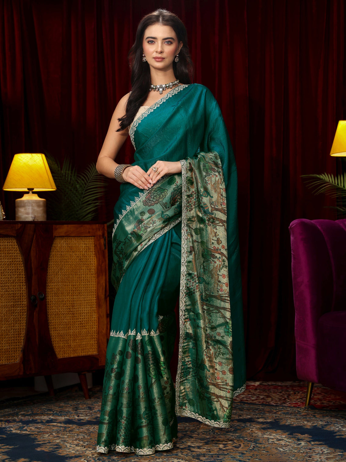 Mameraa Teal Blue Stone Work Embellished Tissue Saree