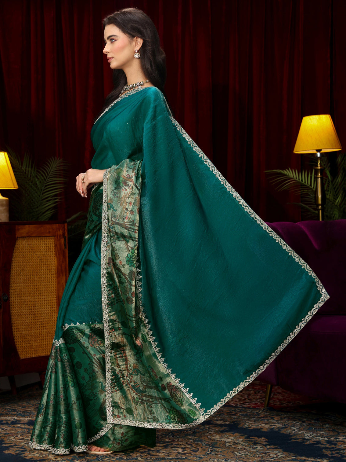 Mameraa Teal Blue Stone Work Embellished Tissue Saree