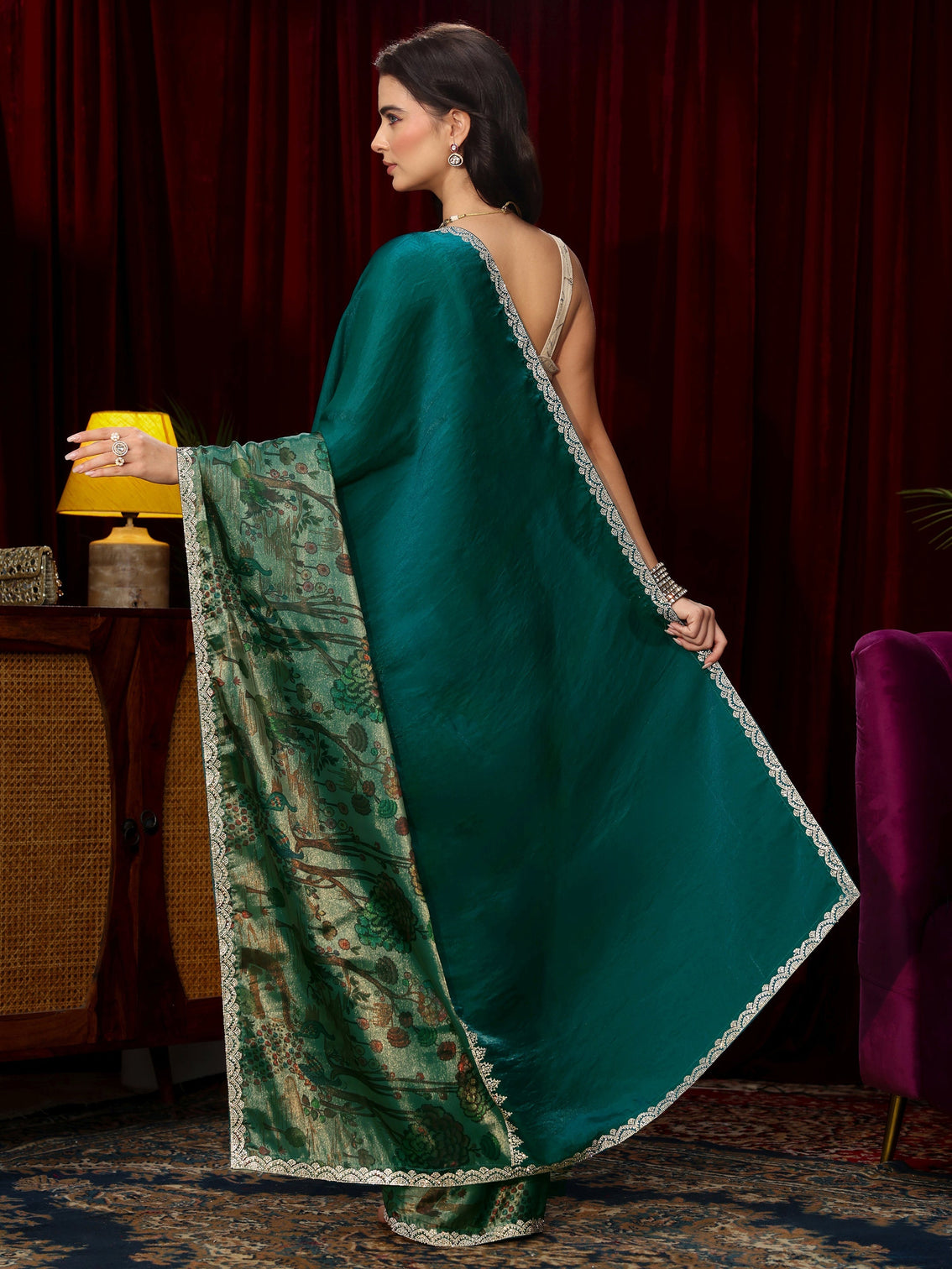 Mameraa Teal Blue Stone Work Embellished Tissue Saree