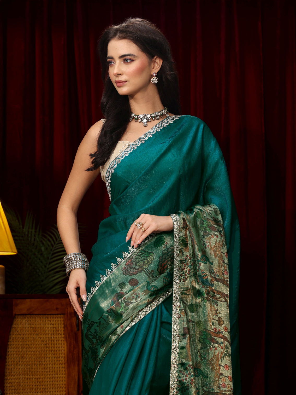 Mameraa Teal Blue Stone Work Embellished Tissue Saree