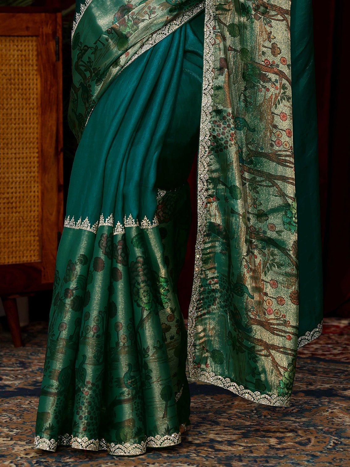 Mameraa Teal Blue Stone Work Embellished Tissue Saree