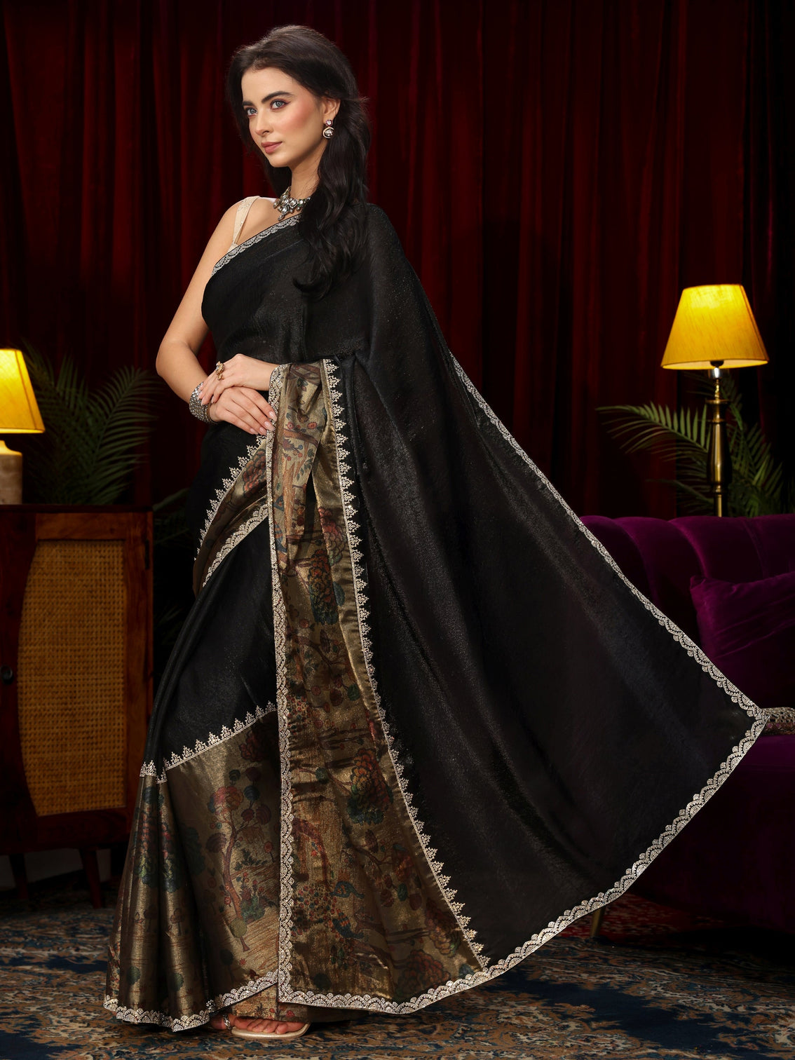 Mameraa Black Stone Work Embellished Tissue Saree