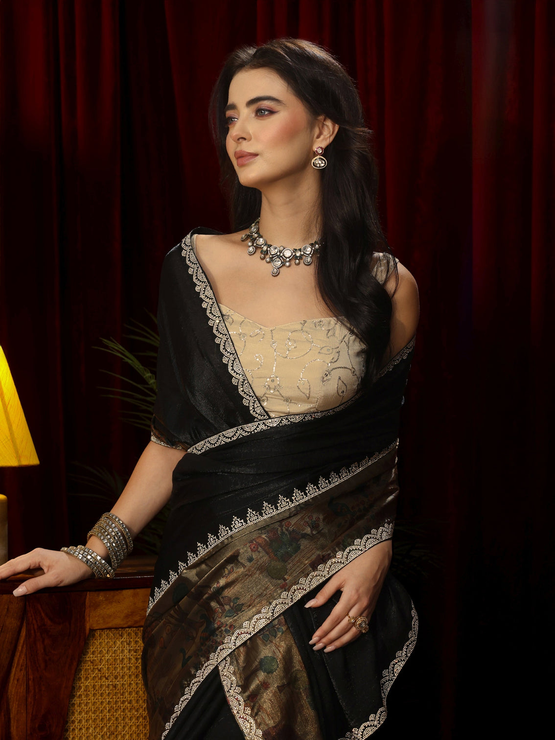 Mameraa Black Stone Work Embellished Tissue Saree