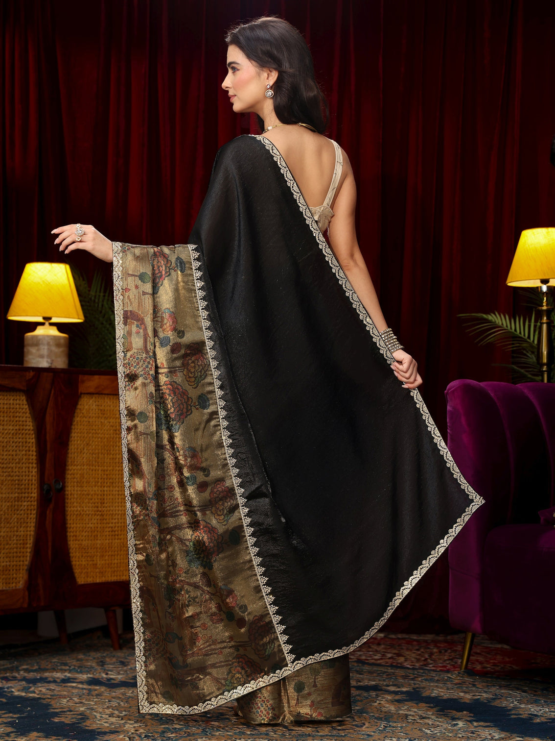 Mameraa Black Stone Work Embellished Tissue Saree