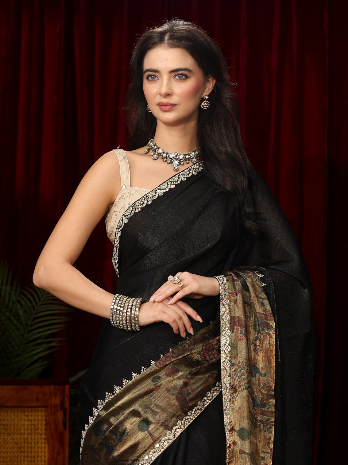 Mameraa Black Stone Work Embellished Tissue Saree