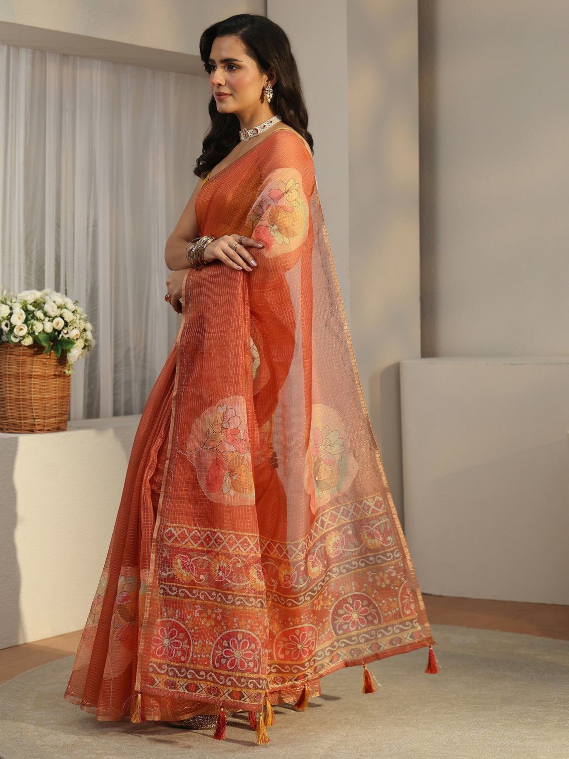 Mameraa Rust Brown Floral Printed Silk Blend Saree