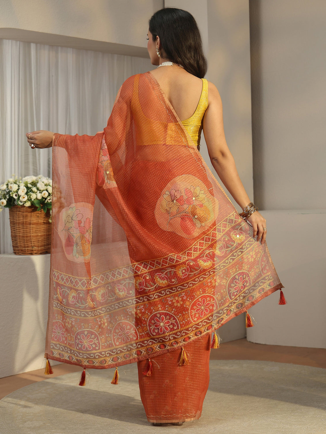 Mameraa Rust Brown Floral Printed Silk Blend Saree