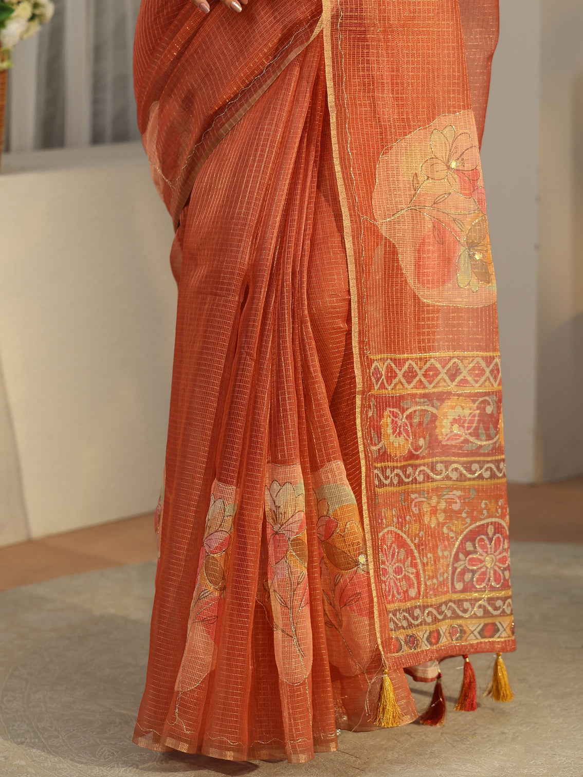 Mameraa Rust Brown Floral Printed Silk Blend Saree