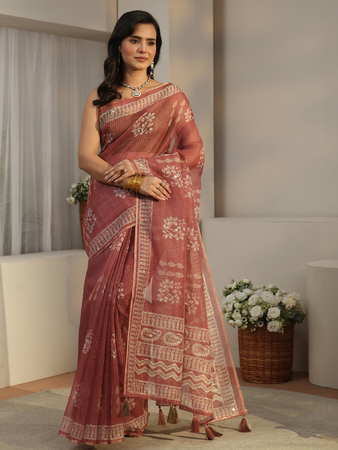 Mameraa Mauve Floral Printed Silk Blend Saree