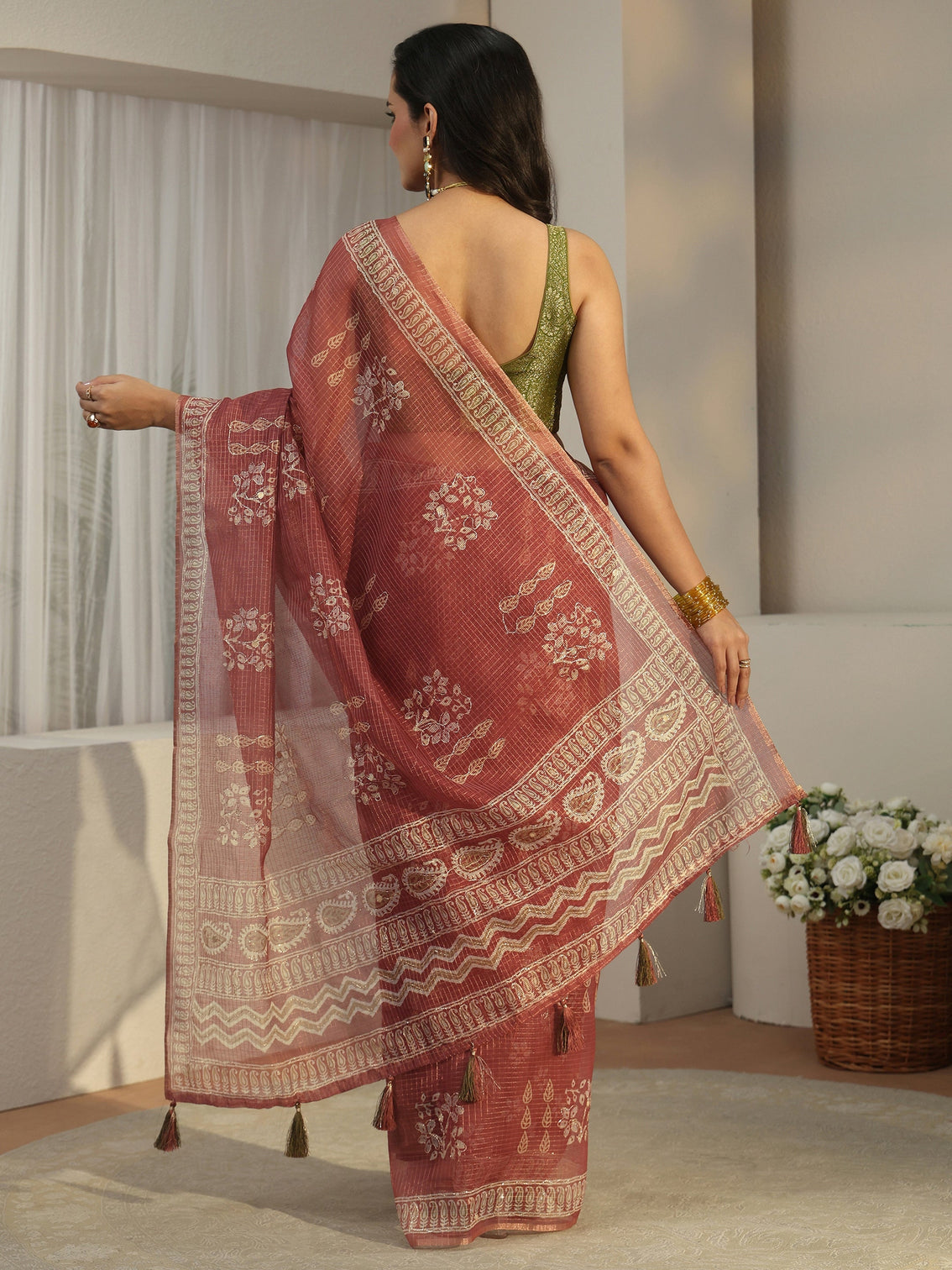 Mameraa Mauve Floral Printed Silk Blend Saree