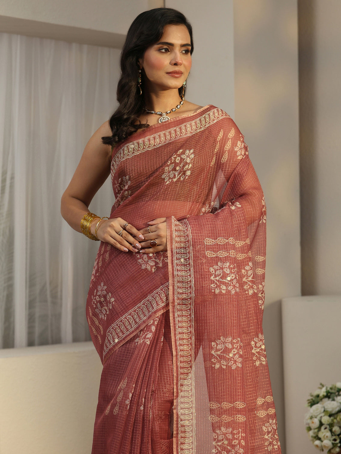 Mameraa Mauve Floral Printed Silk Blend Saree