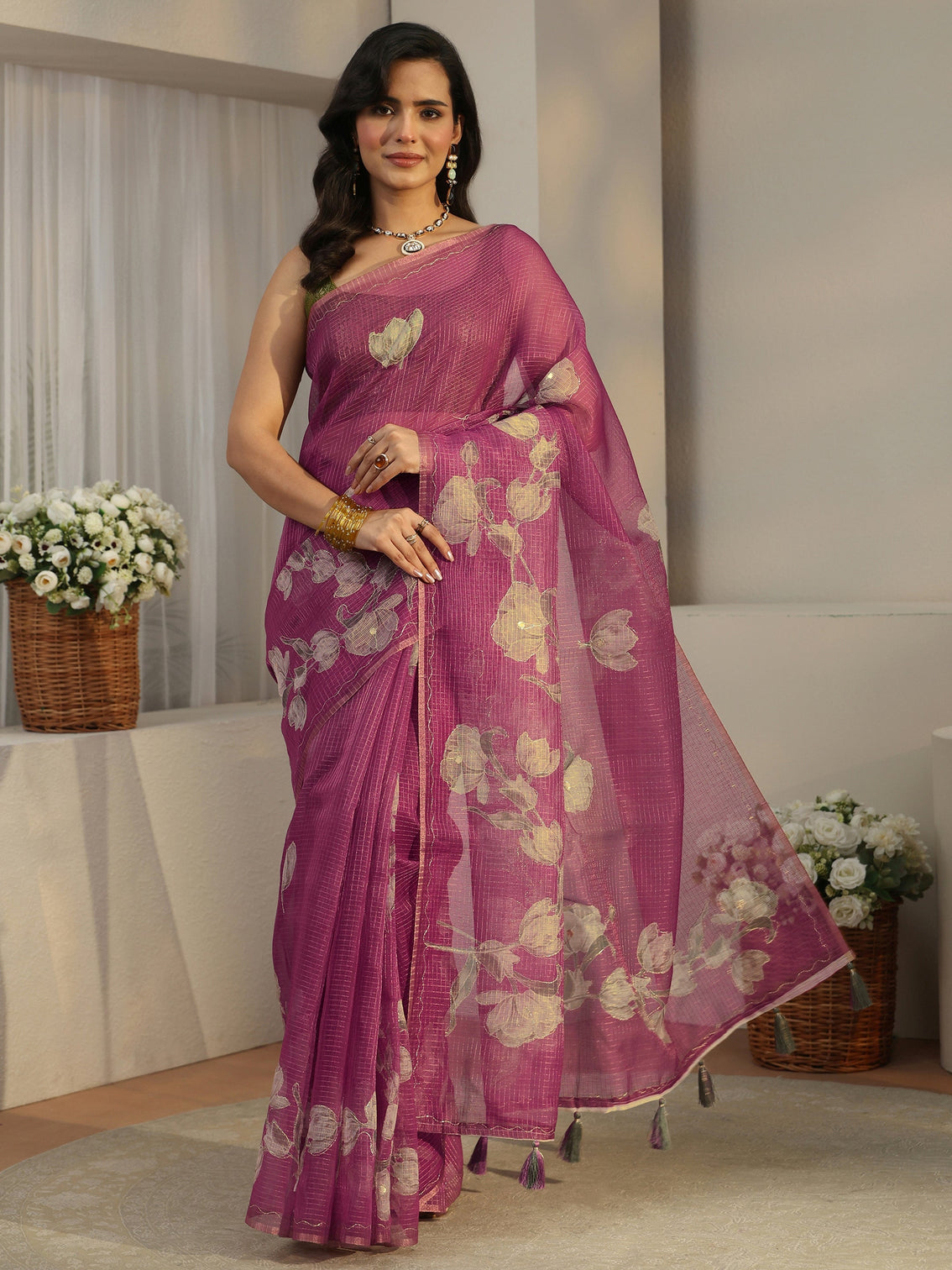 Mameraa Berry Purple Floral Printed Silk Blend Saree