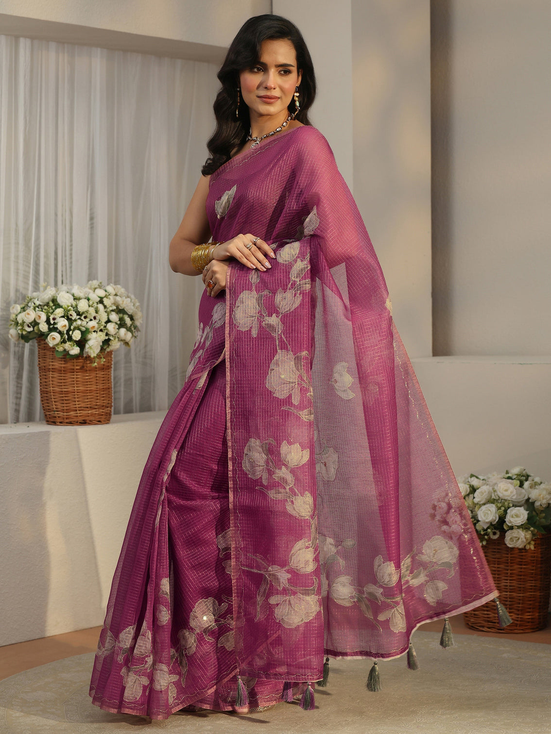 Mameraa Berry Purple Floral Printed Silk Blend Saree