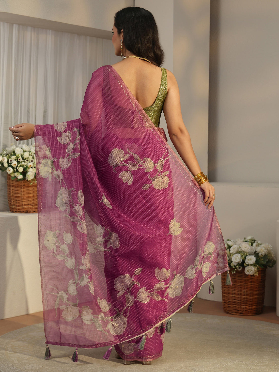 Mameraa Berry Purple Floral Printed Silk Blend Saree