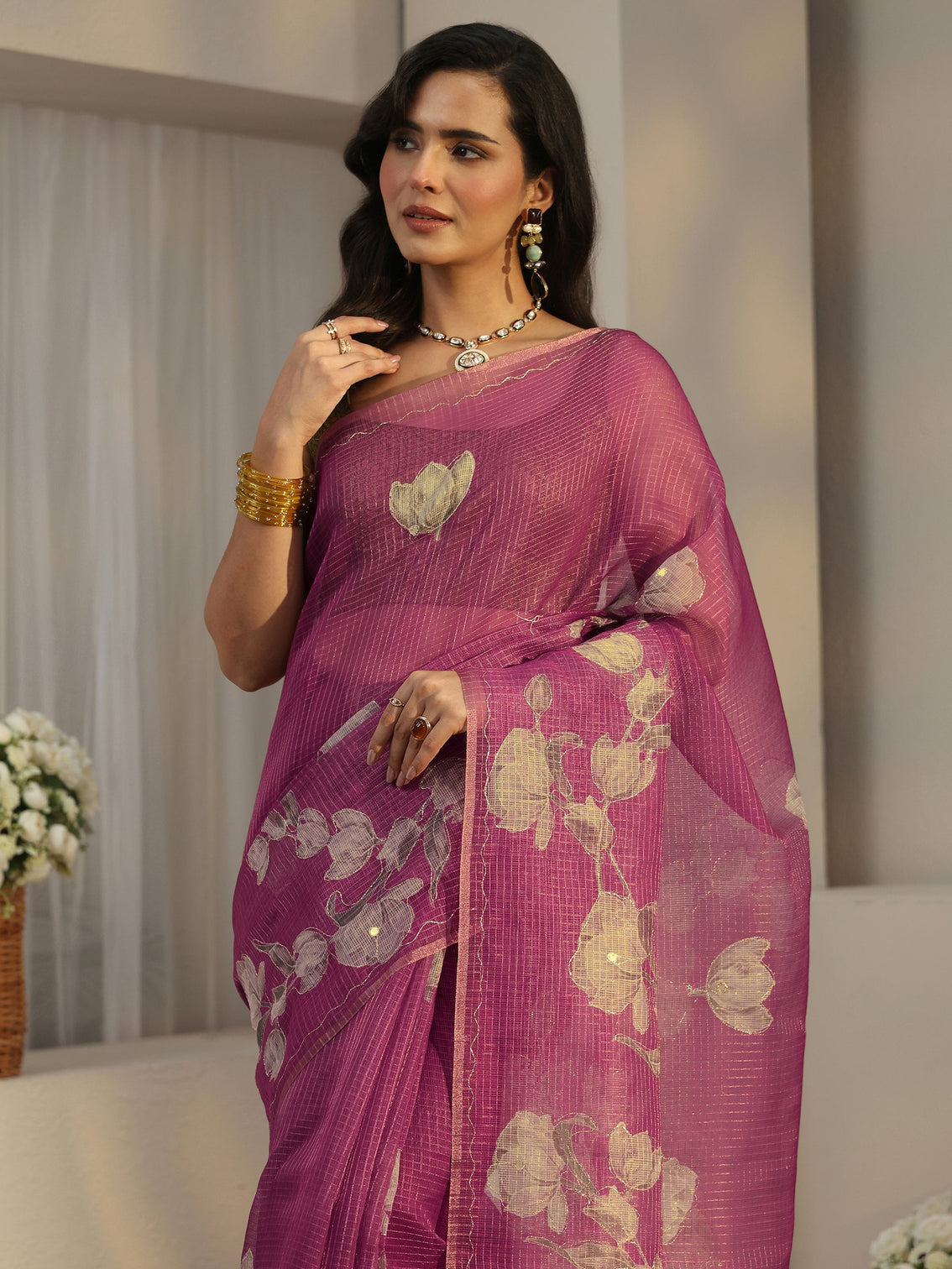 Mameraa Berry Purple Floral Printed Silk Blend Saree