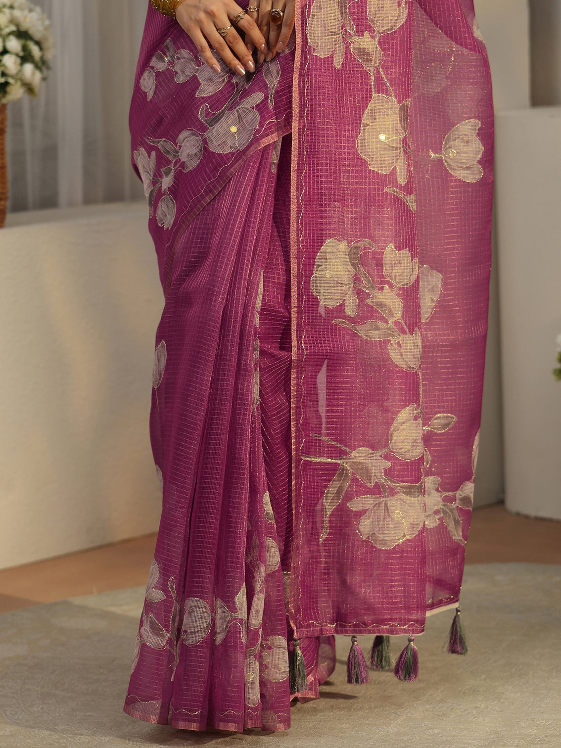 Mameraa Berry Purple Floral Printed Silk Blend Saree