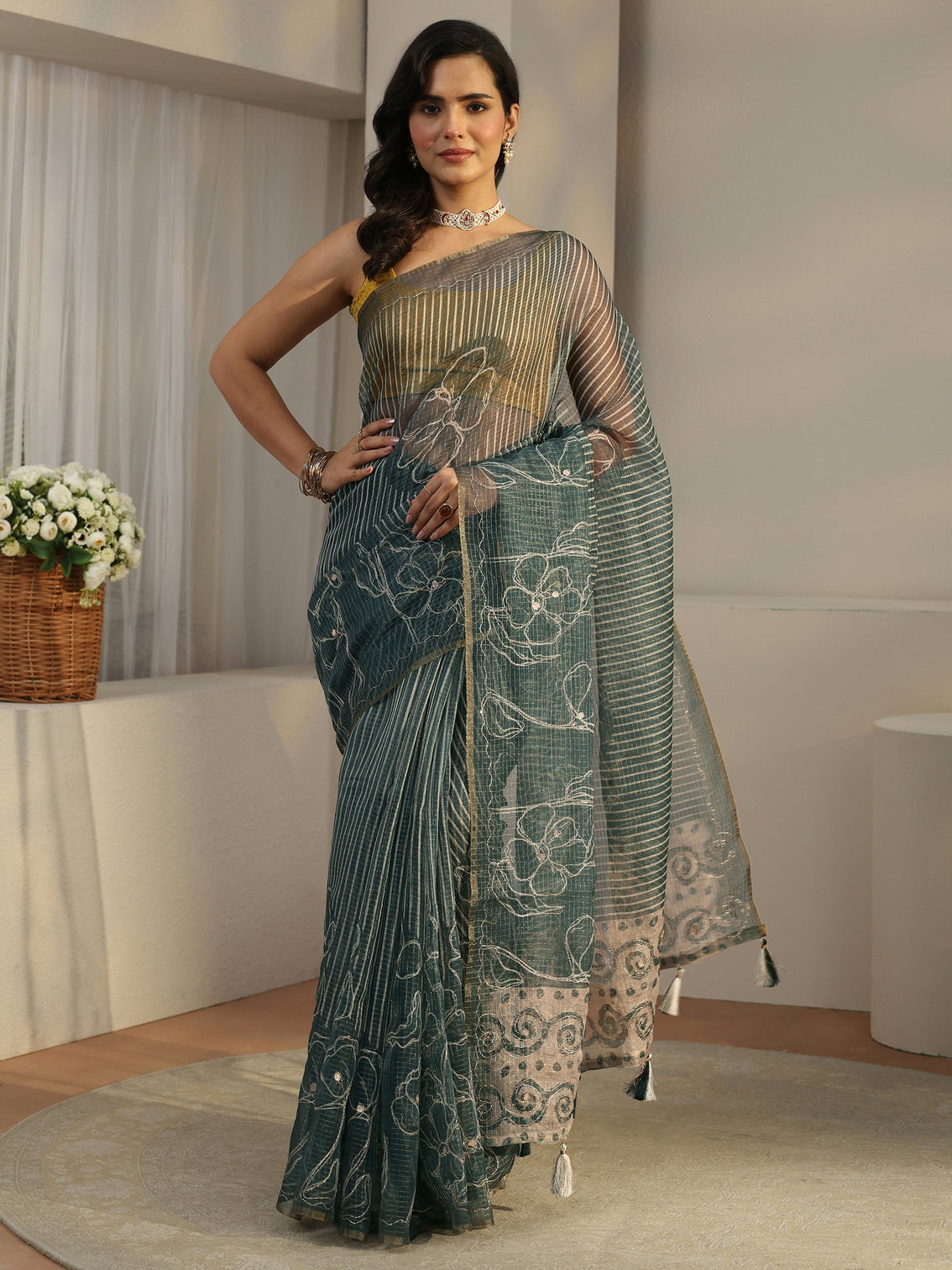 Mameraa Steel Teal Blue Floral Printed Silk Blend Saree
