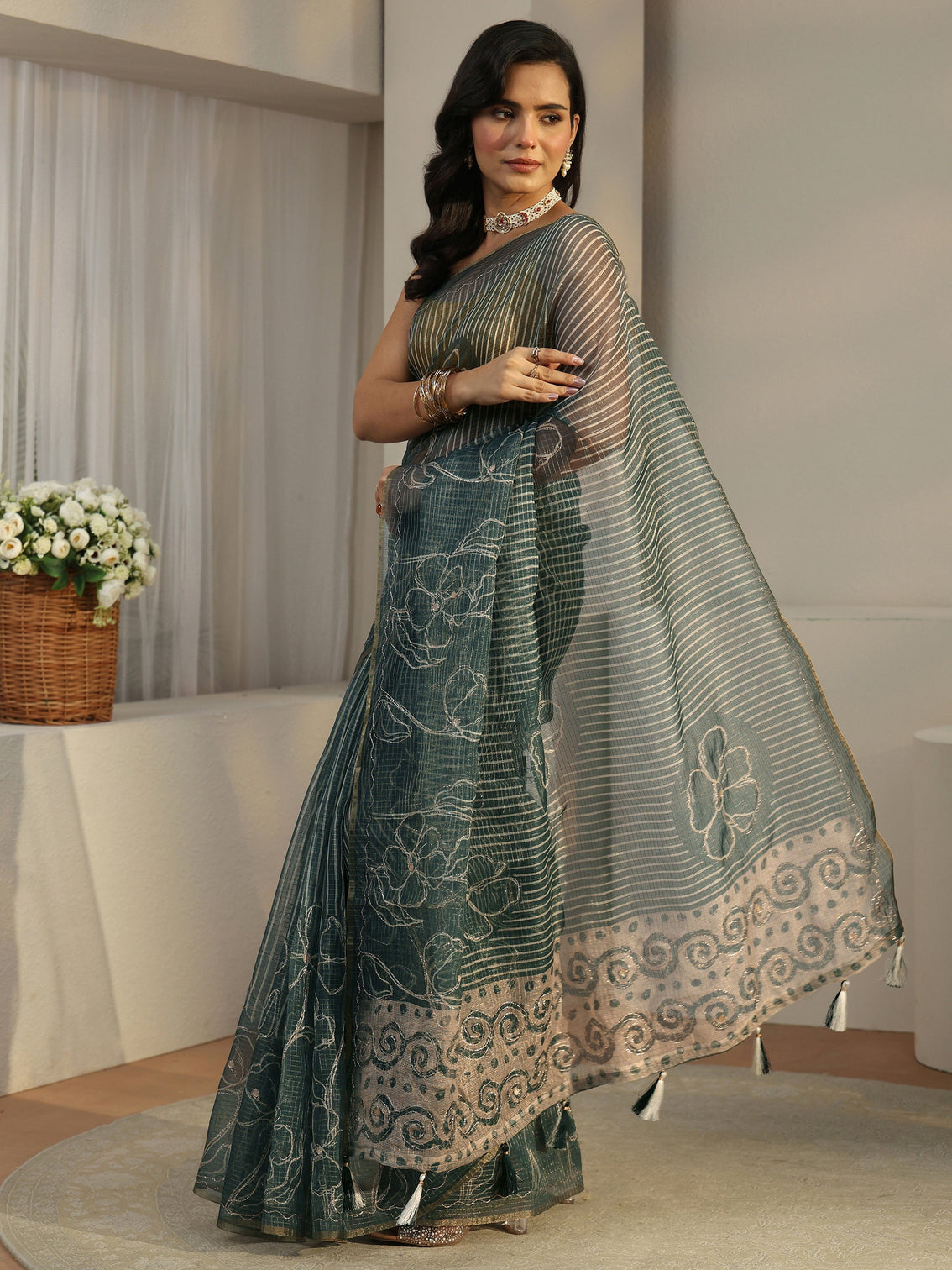 Mameraa Steel Teal Blue Floral Printed Silk Blend Saree