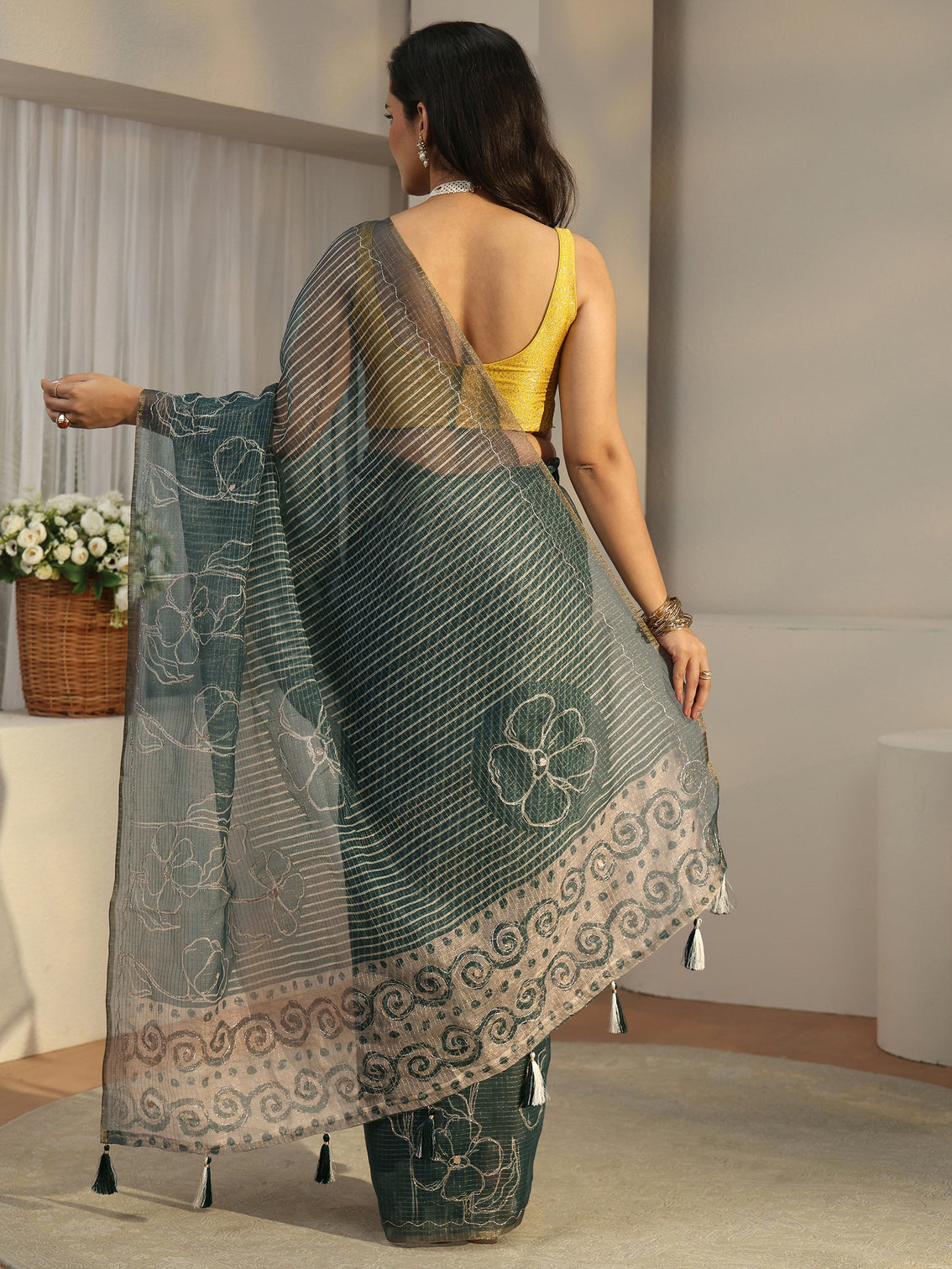 Mameraa Steel Teal Blue Floral Printed Silk Blend Saree