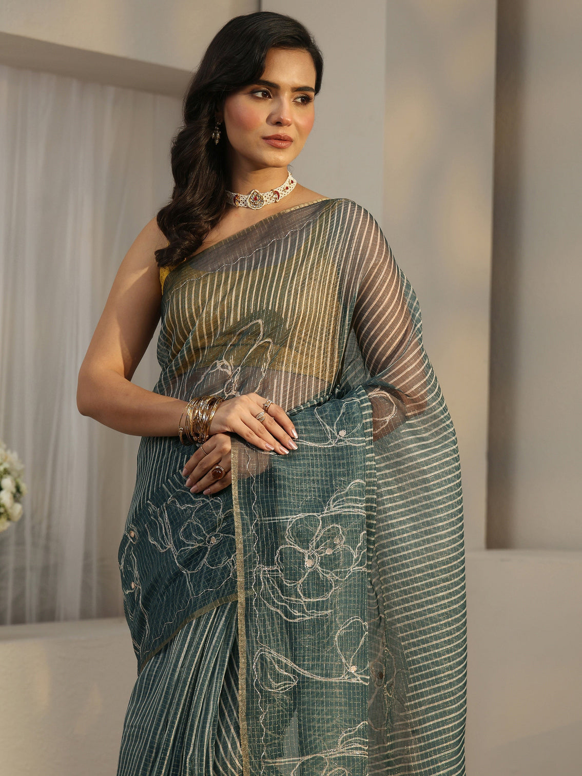 Mameraa Steel Teal Blue Floral Printed Silk Blend Saree